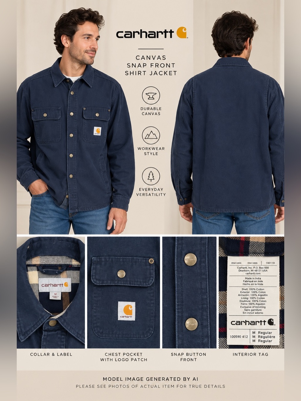 Carhartt Plaid Lined Canvas Shirt Jacket Medium Workwear Chore Barn Utility Snap